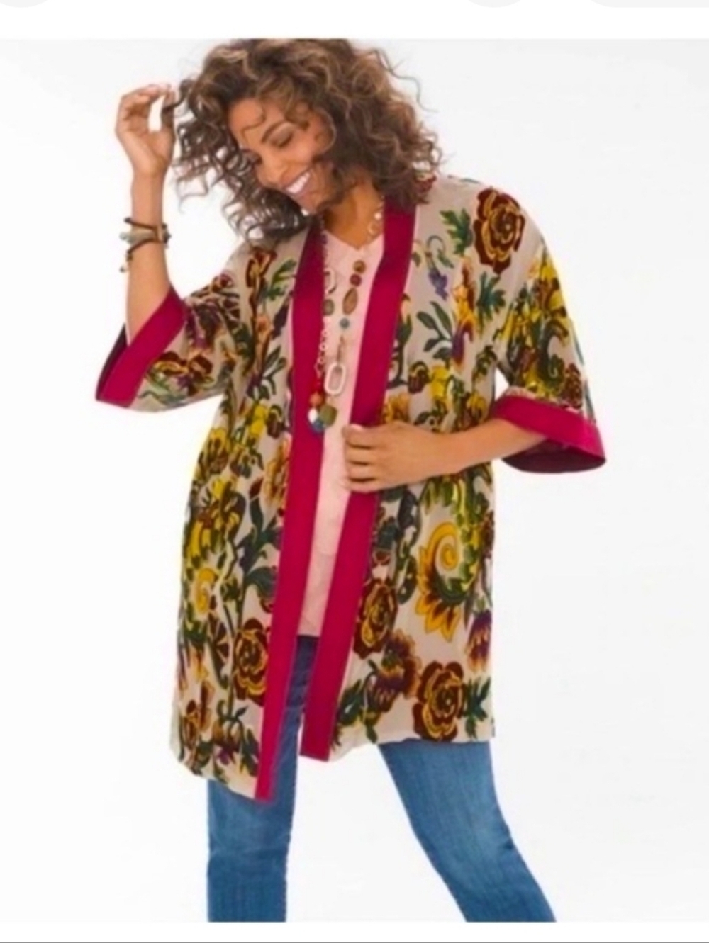 Chicos Boho Heritage Floral Velvet Burnout Open Kimono Multicolor S/M